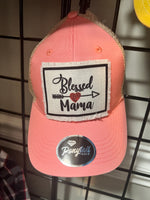 Blessed mama patch /  beige and pink Ponytail hat