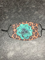Turquoise leather look flower designed Face Cover with cheetah print background