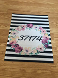 Black and white stripped flower wreath personalized zip code  Designed  garden Flag