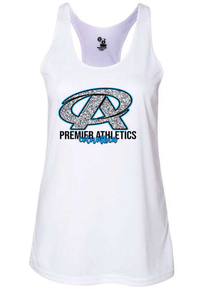 Glitter looking PA logo with blue Columbia wording  racer back tank top