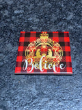 Red checkered Believe Christmas Coaster Set with holder