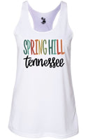 Spring Hill TN wording colorful lettering design race back tank top