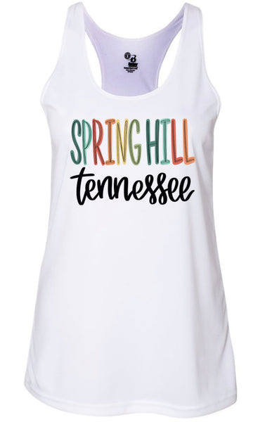 Spring Hill TN wording colorful lettering design race back tank top