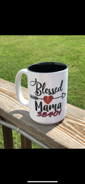 Blessed Mama personalized with name or zip code designed 15 oz. white Mug