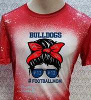 Messy Bun Columbia Academy football number with Jersey number Bulldogs designed Red bleached  designed T-shirt