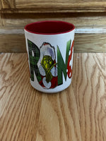 Grinch wording and picture designer 15 oz Mug with red