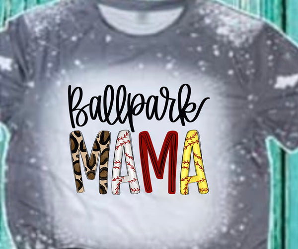 Ballpark Mama with baseball type letters grey bleached  designed T-shirt