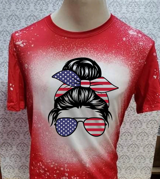 Messy Bun American Flag red bleached  designed T-shirt