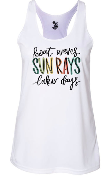 Boat waves -sun rays lake days designed colorful letters race back tank top