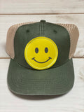 Smiley Face patch with yellow outline- Hunter Green/ beige  ponytail hat