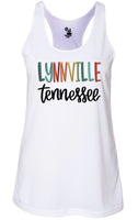 Lynnville  TN wording colorful lettering design race back tank top