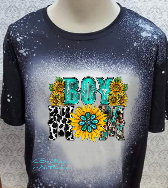 Boy Mom sunflower colorful designed Black bleached  designed T-shirt