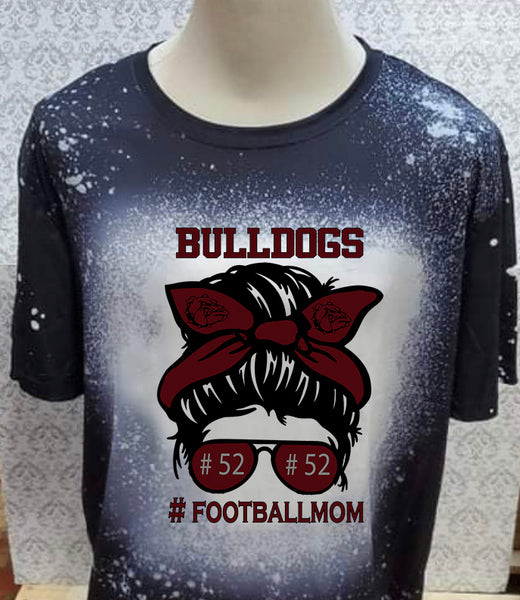 Bulldogs Messy Bun football mom designed Black bleached  designed T-shirt
