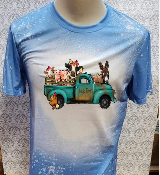 Animal in Farm Truck designed Carolina Blue bleached  designed T-shirt