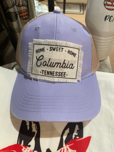 Home Sweet Home Columbia TN design patch with lavender Beige ponytail   hat