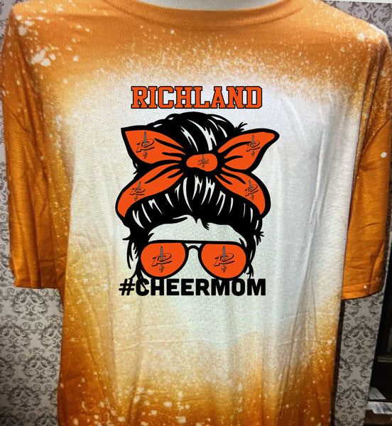 Richland Messy Bun Cheer mom burnt Orange bleached  designed T-shirt