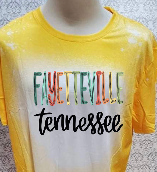 Multi color lettering Fayetteville TN designed Yellow bleached  designed T-shirt