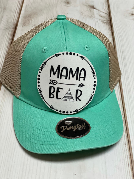 Mama Bear black circle designed patch /  beige and teal Ponytail hat