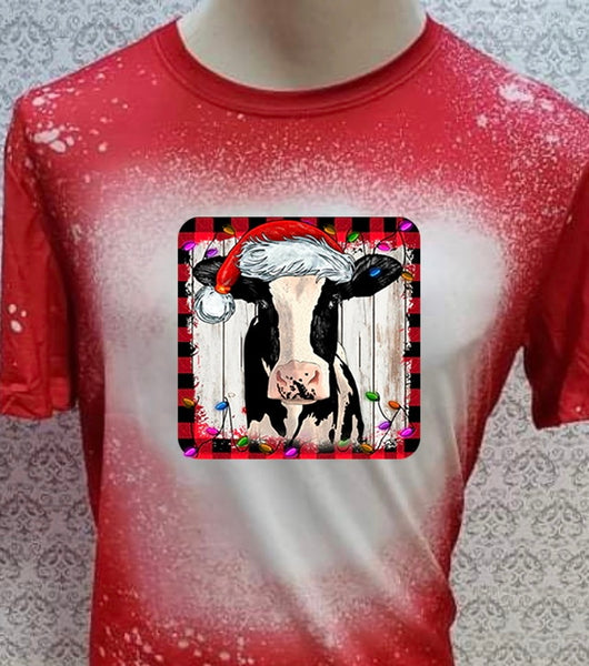 Christmas Cow designed Red bleached designed T-shirt
