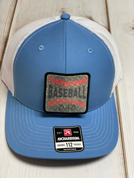Baseball Dad baseball design patch with turquoise background  / blue and white Richardson trucker 112  hat