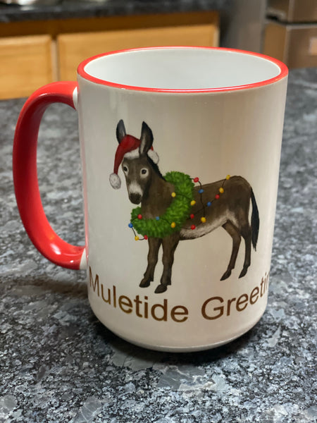 Muletide Greetings Christmas Mule 15 oz Mug with red