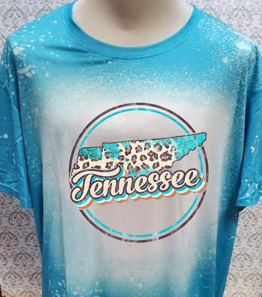 Tennessee state with leopard and teal design  and leapord Teal bleached  designed T-shirt