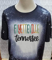 Multi color lettering Fayetteville TN designed Black bleached  designed T-shirt