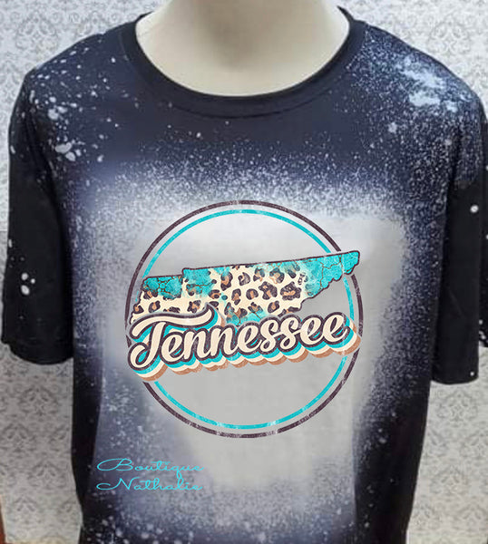 Tennessee state with leopard and teal design  and leapord Black bleached  designed T-shirt