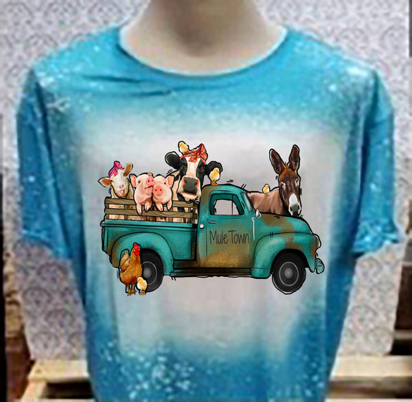 Animal in Farm Truck designed Teal bleached  designed T-shirt