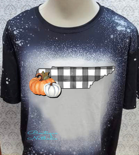 Tennessee plaid state with pumpkins designed Black bleached  designed T-shirt