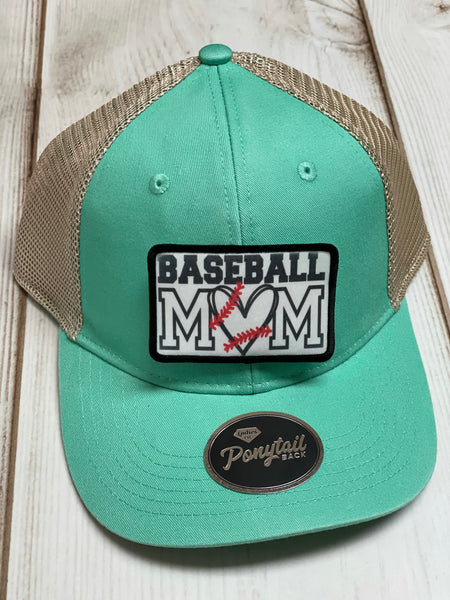 Baseball mom with heart design patch / beige and teal ponytail hat