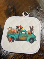 Farm animal in blue farm truck designed Pot Holder