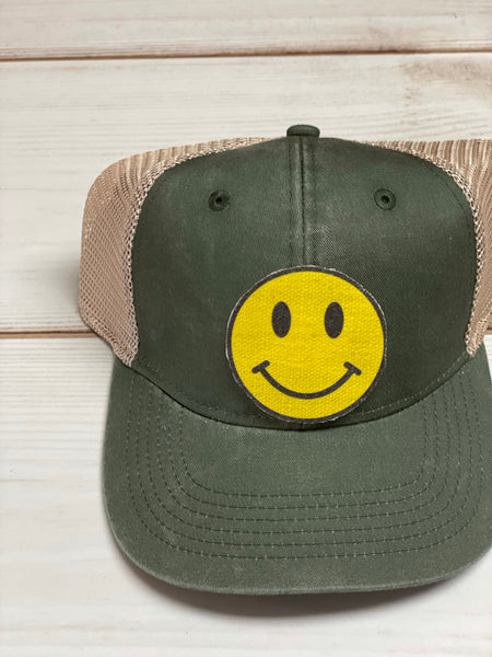 Smiley Face patch with black outline- Hunter Green/ beige  ponytail hat