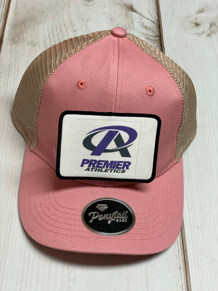 Premier Athletic Purple PA logo patch / beige and coral ponytail hat