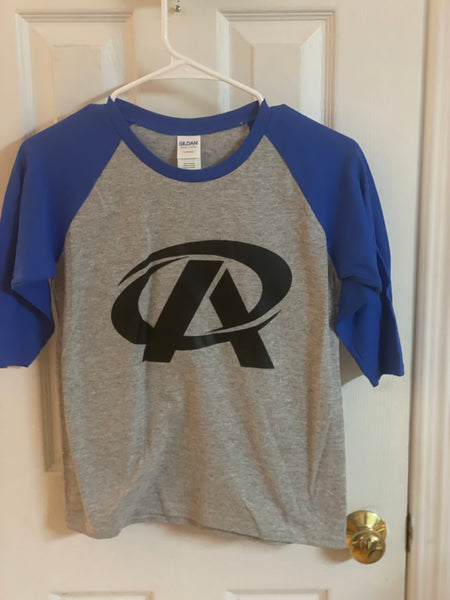 Premier Athletics logo 3/4 sleeve raglan royal blue  and Gray T-shirt