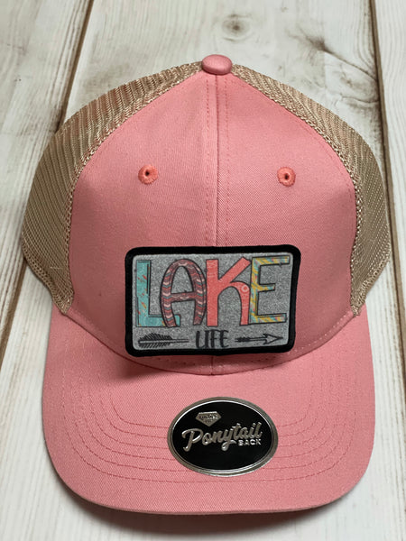 Pastel Lake Life  design  patch / beige and coral ponytail hat
