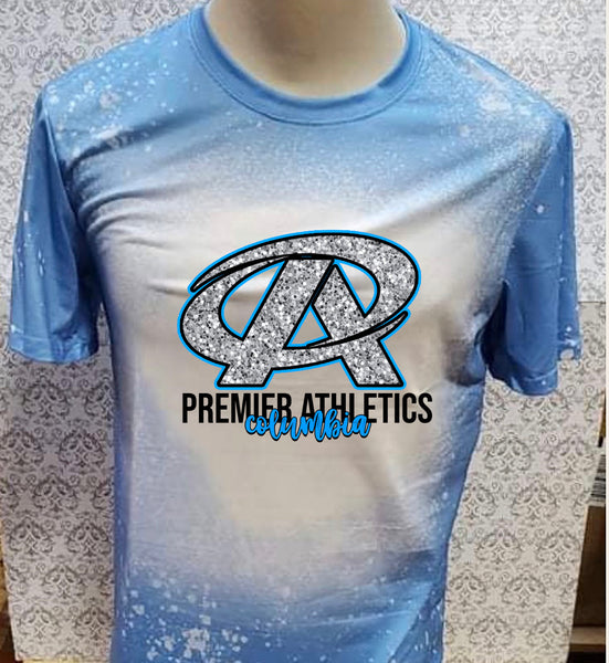 Premier Athletics Glitter look alike logo with Premier and Columbia wording Carolina Blue bleached  designed T-shirt