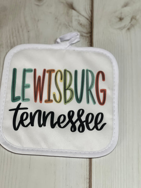 Lewisburg, Tennessee multi colored lettering designed Pot Holder