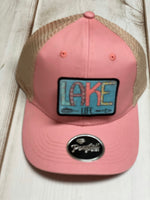 Lake Life  design  patch with turquoise background / beige and coral ponytail hat