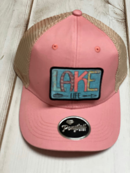 Lake Life  design  patch with turquoise background / beige and coral ponytail hat
