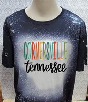 Multi color lettering Cornersville TN designed Black bleached  designed T-shirt