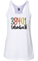 38401 Columbia TN colorful lettering design race back tank top