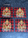 Red checkered Believe Christmas Coaster Set with holder