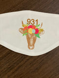 Brown cattle with flower crown and zip code design Face Cover