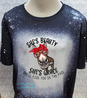 She’s Beauty She’s Grace She’ll kick you in the face Mule designed Black  bleached  designed T-shirt