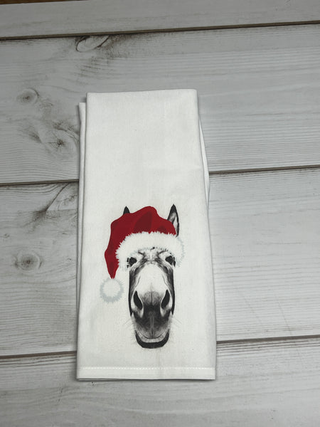 Mule with a Christmas Santa hat design kitchen towel
